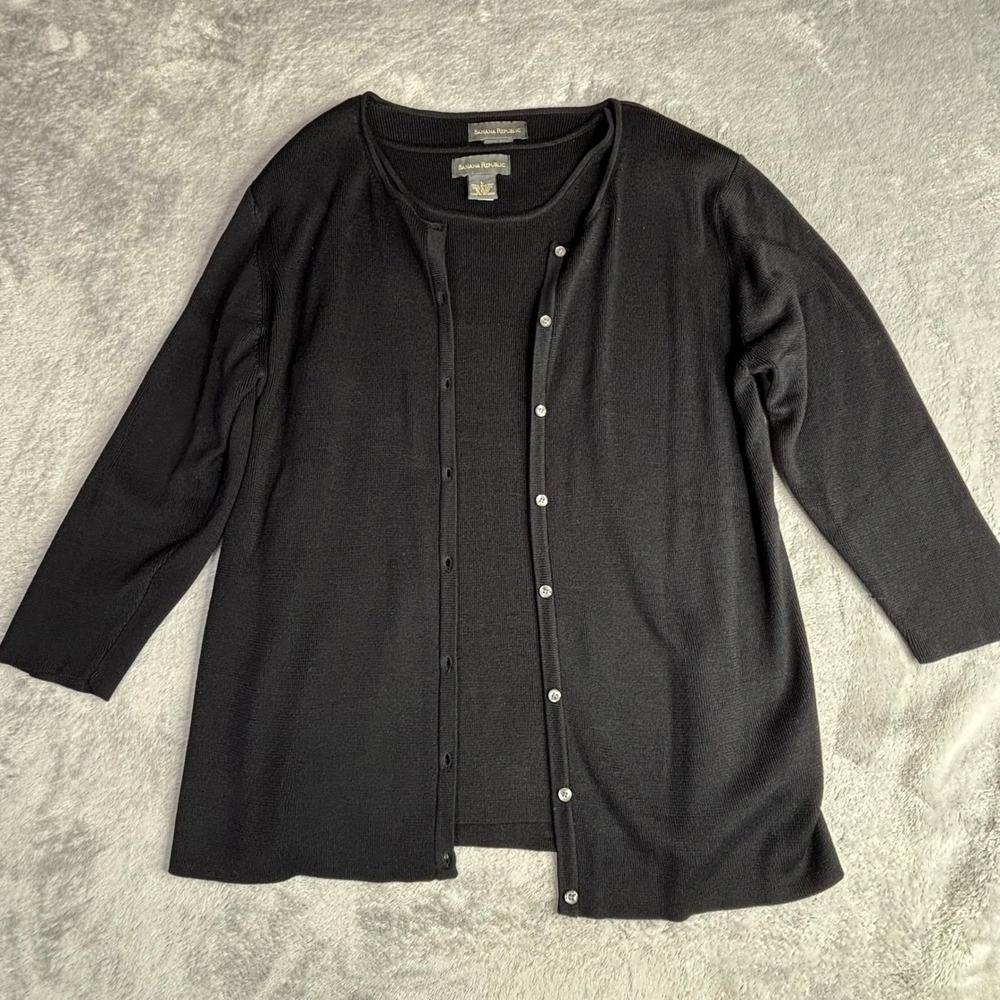 Banana Republic Twin Set Women L Black 100% Silk Ribbed Cardigan Shell 2pc